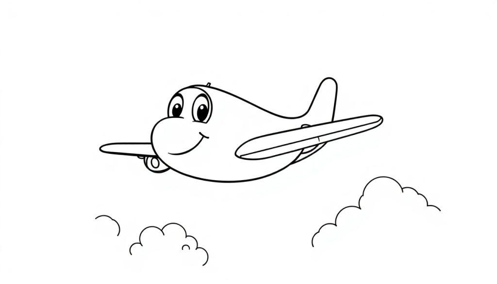 Ein freundliches Cartoon-Flugzeug fliegt durch eine schwarz-weiße Farbtafel mit Wolken.