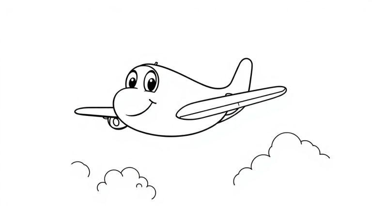Ein freundliches Cartoon-Flugzeug fliegt durch eine schwarz-weiße Farbtafel mit Wolken.