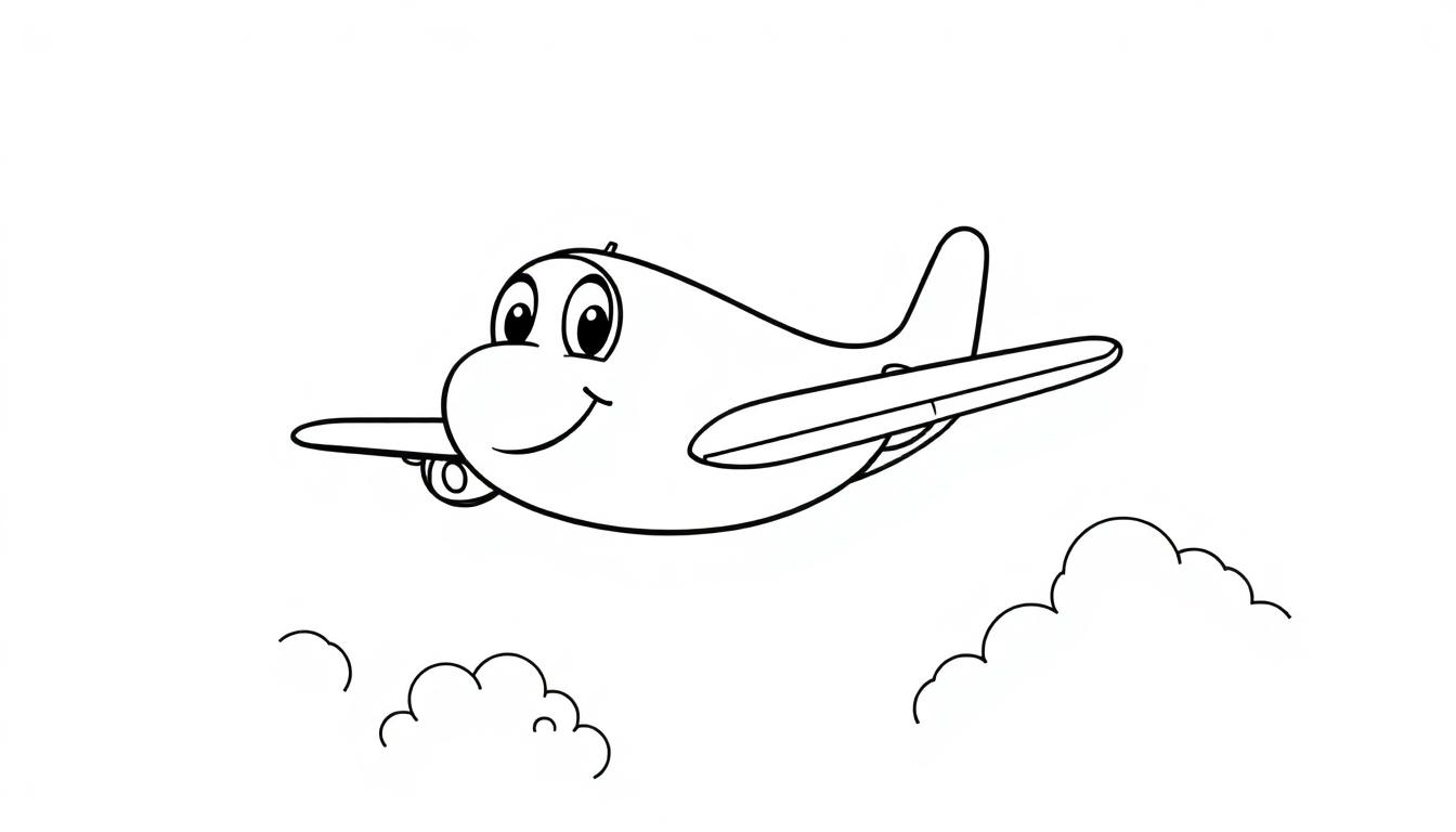 Ein freundliches Cartoon-Flugzeug fliegt durch eine schwarz-weiße Farbtafel mit Wolken.