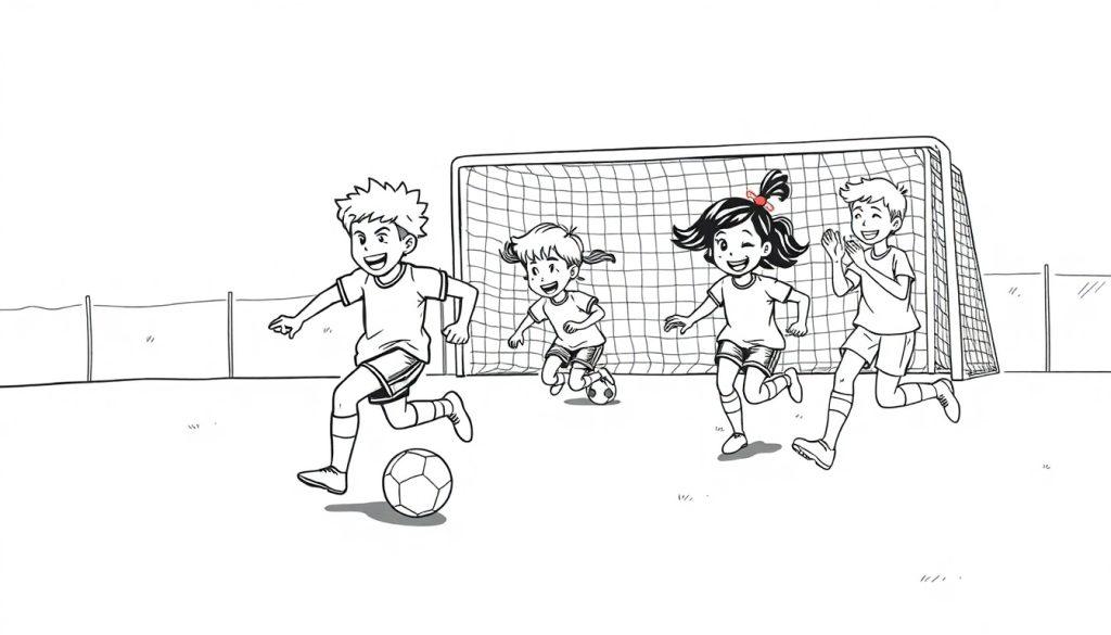 Schwarz-Weiß-Farbtafel eines fröhlichen Fußballteams, das im Park spielt.
