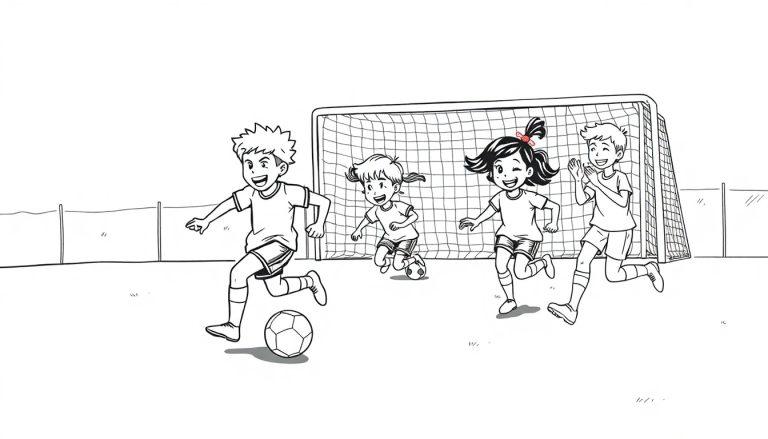 Schwarz-Weiß-Farbtafel eines fröhlichen Fußballteams, das im Park spielt.