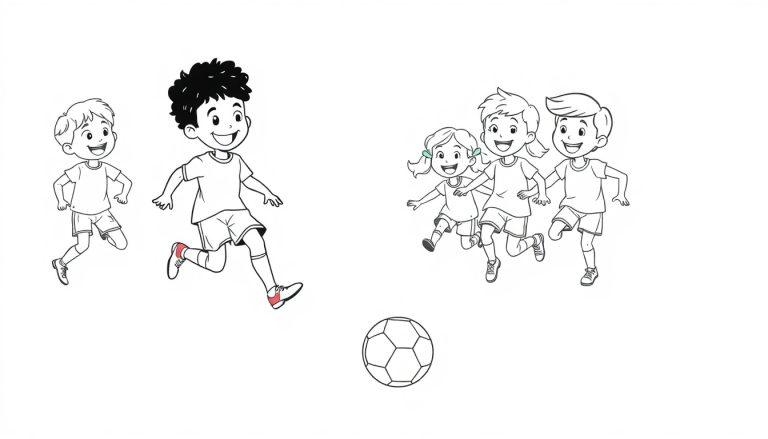 Schwarz-Weiß-Farbtafel einer Gruppe von Kindern, die Fußball spielen.