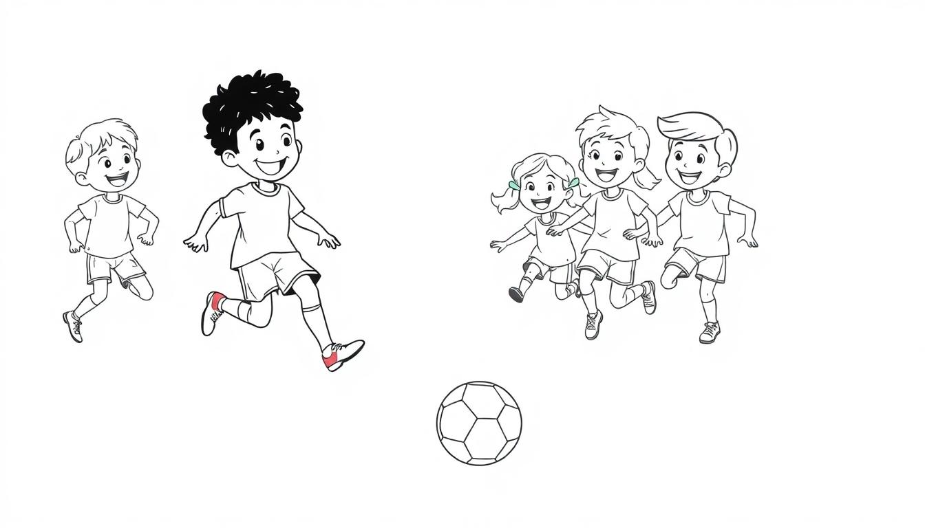 Schwarz-Weiß-Farbtafel einer Gruppe von Kindern, die Fußball spielen.