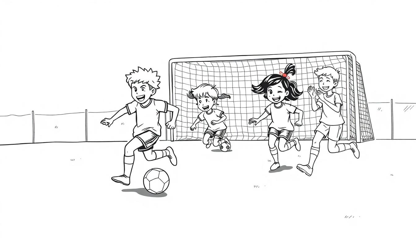 Schwarz-Weiß-Farbtafel eines fröhlichen Fußballteams, das im Park spielt.