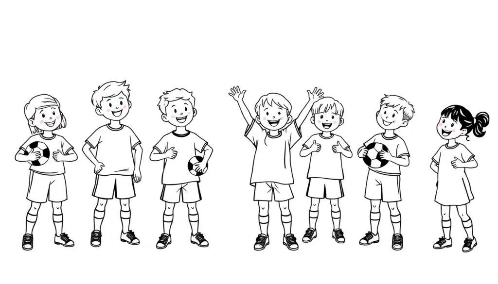 Eine schwarz-weiße Farbtafel einer Fußballmannschaft mit sieben Kindern, die posieren.