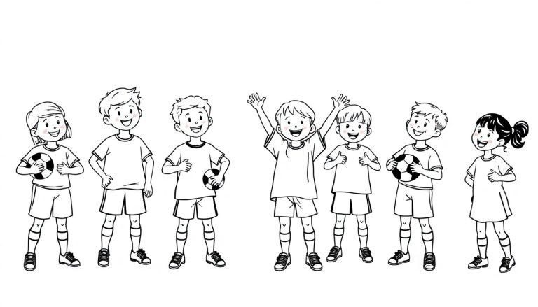 Eine schwarz-weiße Farbtafel einer Fußballmannschaft mit sieben Kindern, die posieren.