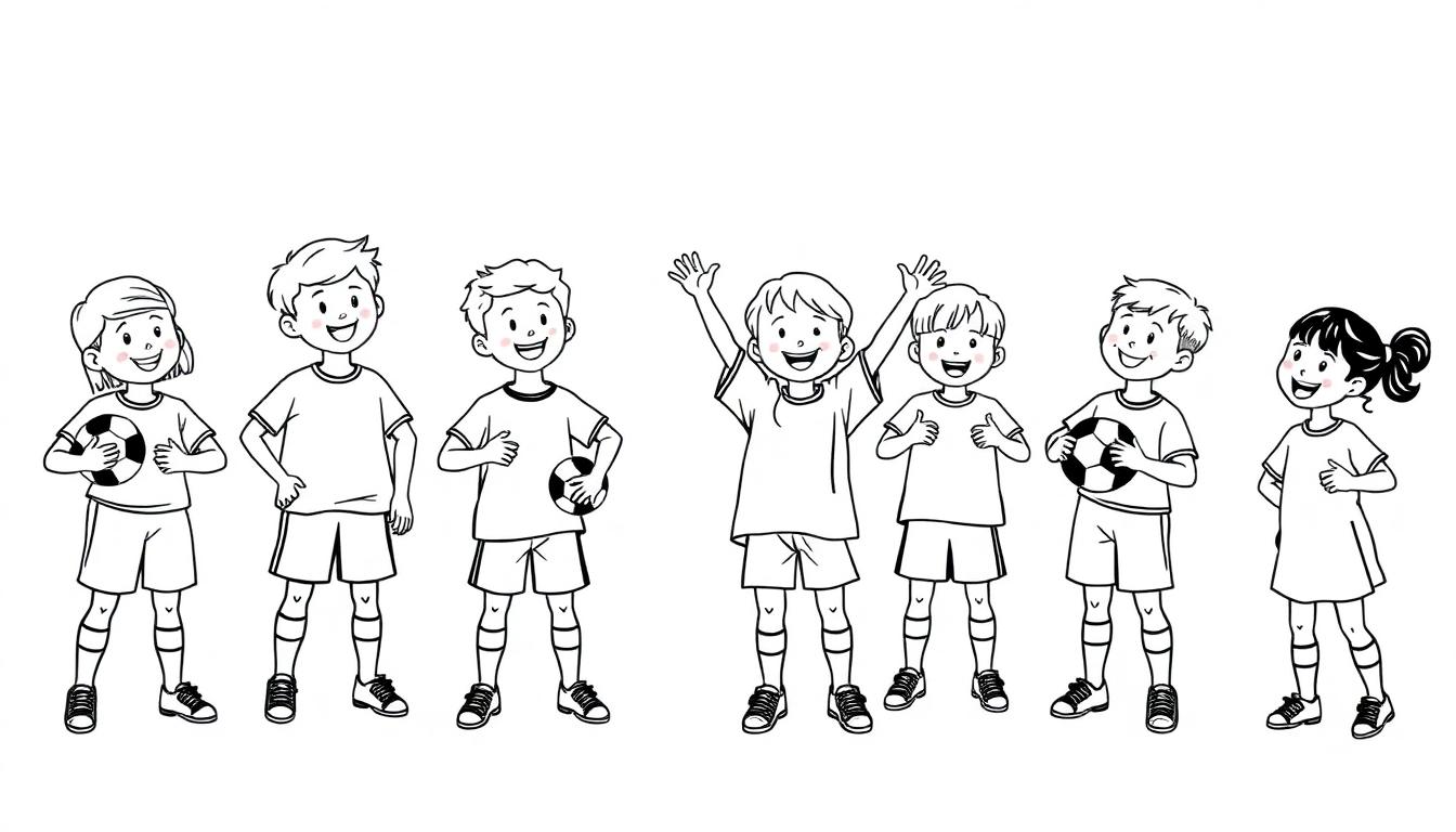 Eine schwarz-weiße Farbtafel einer Fußballmannschaft mit sieben Kindern, die posieren.