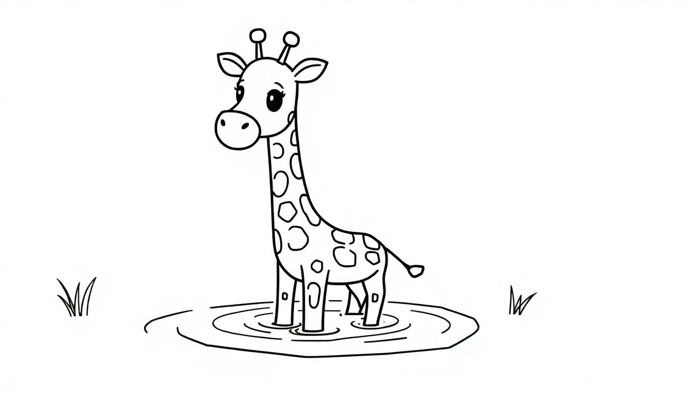 Ausmalbild einer freundlichen Giraffe in einem Teich