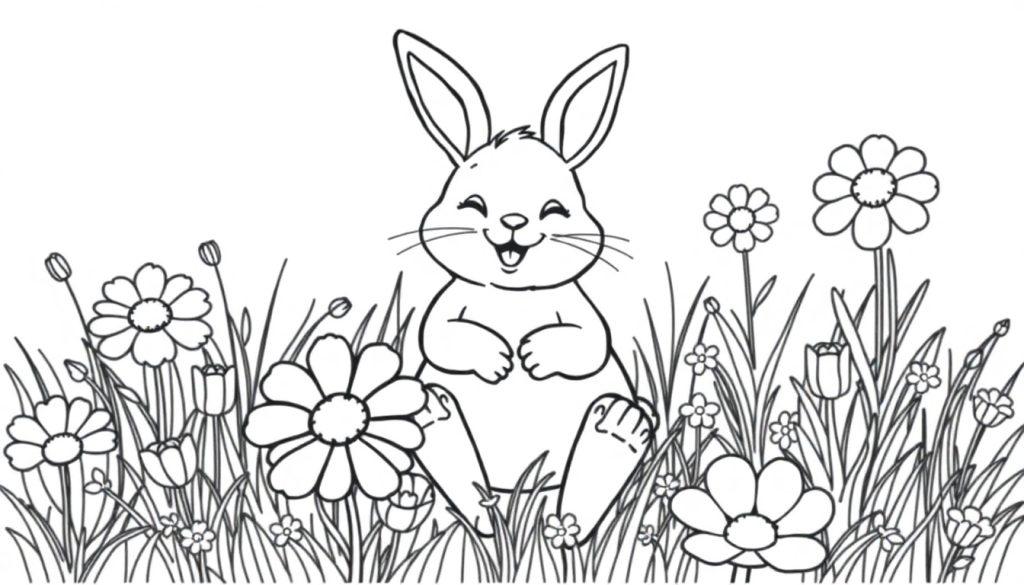 Schwarz-weiß Farbtafel eines Cartoon-Hasen in einem Blumenfeld, bereit zum Ausmalen.