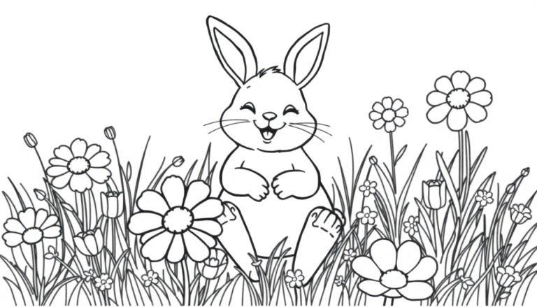 Schwarz-weiß Farbtafel eines Cartoon-Hasen in einem Blumenfeld, bereit zum Ausmalen.