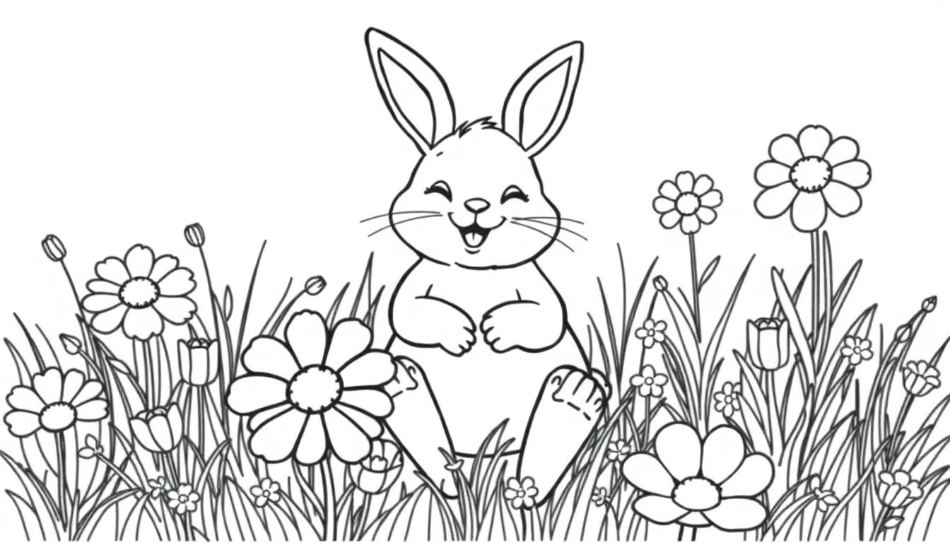 Schwarz-weiß Farbtafel eines Cartoon-Hasen in einem Blumenfeld, bereit zum Ausmalen.