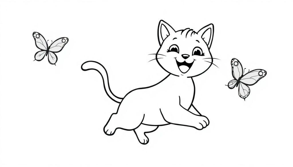 Eine Cartoon-Katze mit breitem Lächeln springt fröhlich mit zwei Schmetterlingen in schwarz-weißer Ausmalbild-Darstellung.