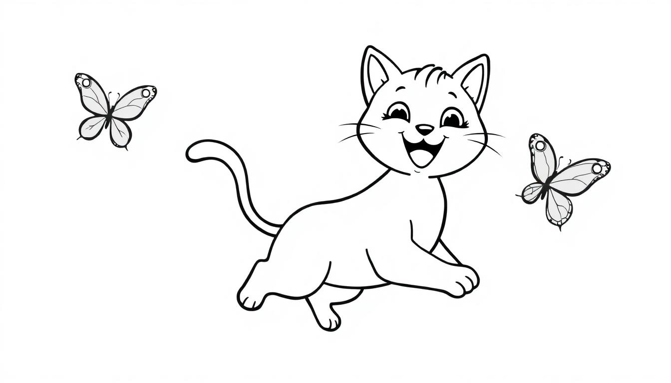 Eine Cartoon-Katze mit breitem Lächeln springt fröhlich mit zwei Schmetterlingen in schwarz-weißer Ausmalbild-Darstellung.