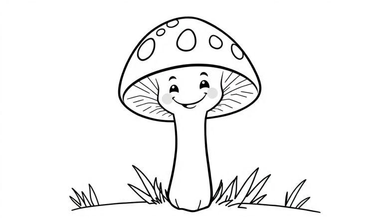 Eine Schwarz-Weiß-Farbtafel eines fröhlichen Cartoon-Pilzes mit Regentropfen auf seinem Hut, der auf einem Grasbüschel steht.