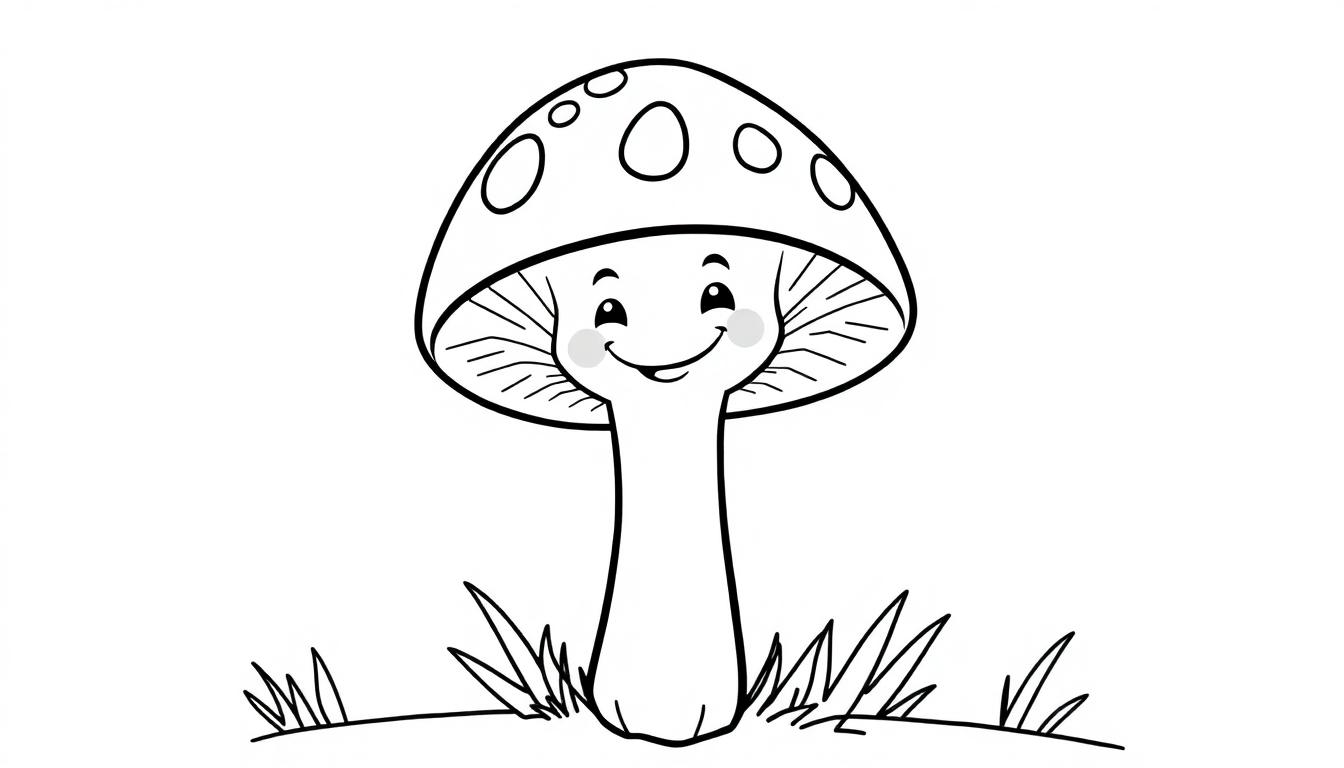 Eine Schwarz-Weiß-Farbtafel eines fröhlichen Cartoon-Pilzes mit Regentropfen auf seinem Hut, der auf einem Grasbüschel steht.
