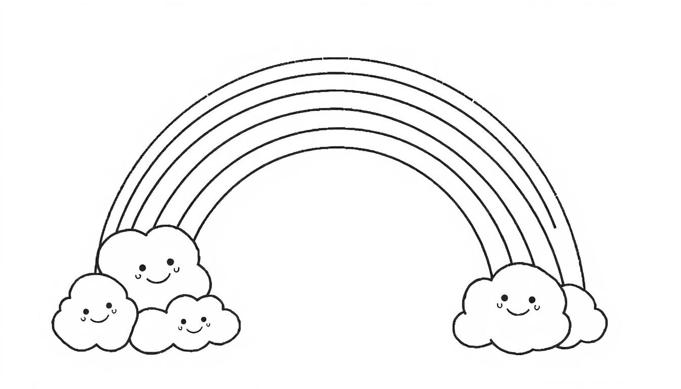 Schwarz-Weiß-Farbtafel-Vorlage eines freundlichen Regenbogens mit lächelnden Wolken an beiden Enden.