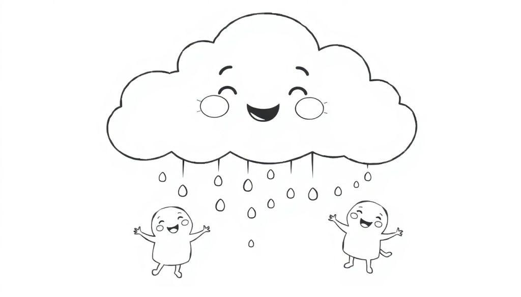 Eine fröhliche Cartoon-Wolke mit einem lächelnden Gesicht und kleinen Figuren, die unter den Regentropfen tanzen, ist eine Farbtafel.