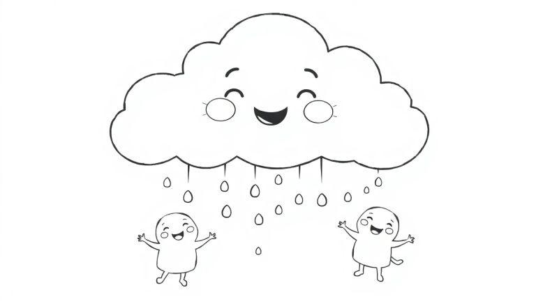 Eine fröhliche Cartoon-Wolke mit einem lächelnden Gesicht und kleinen Figuren, die unter den Regentropfen tanzen, ist eine Farbtafel.