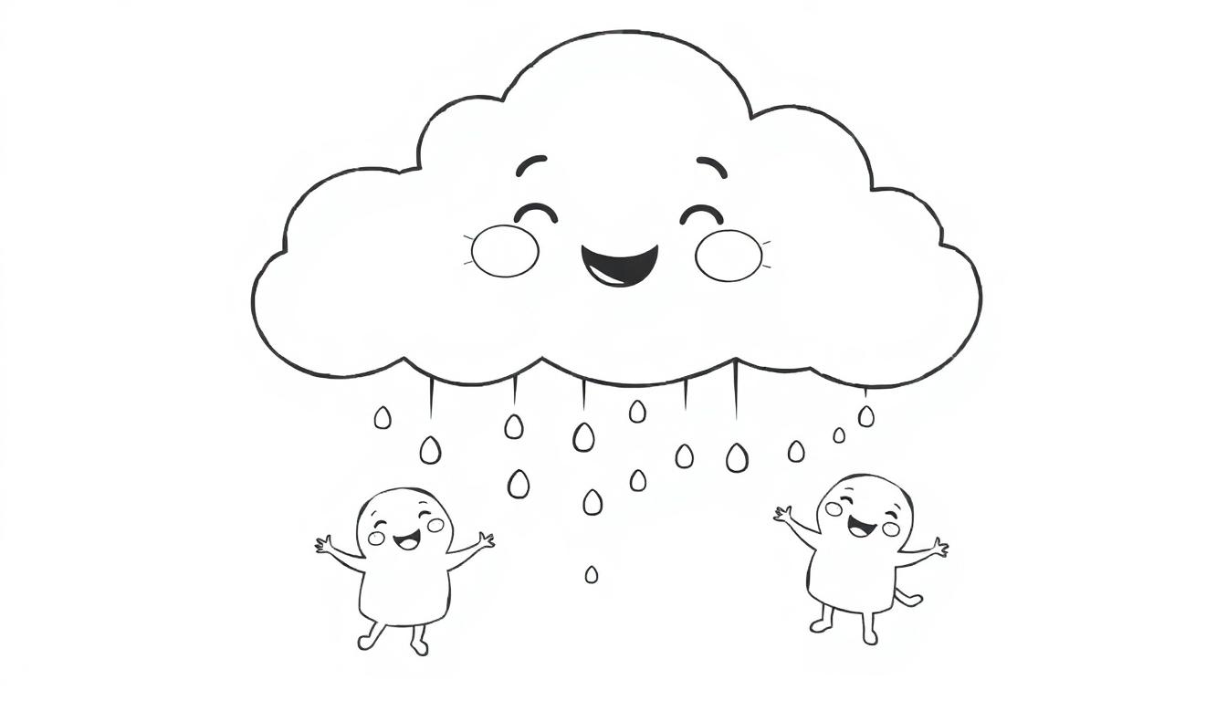 Eine fröhliche Cartoon-Wolke mit einem lächelnden Gesicht und kleinen Figuren, die unter den Regentropfen tanzen, ist eine Farbtafel.
