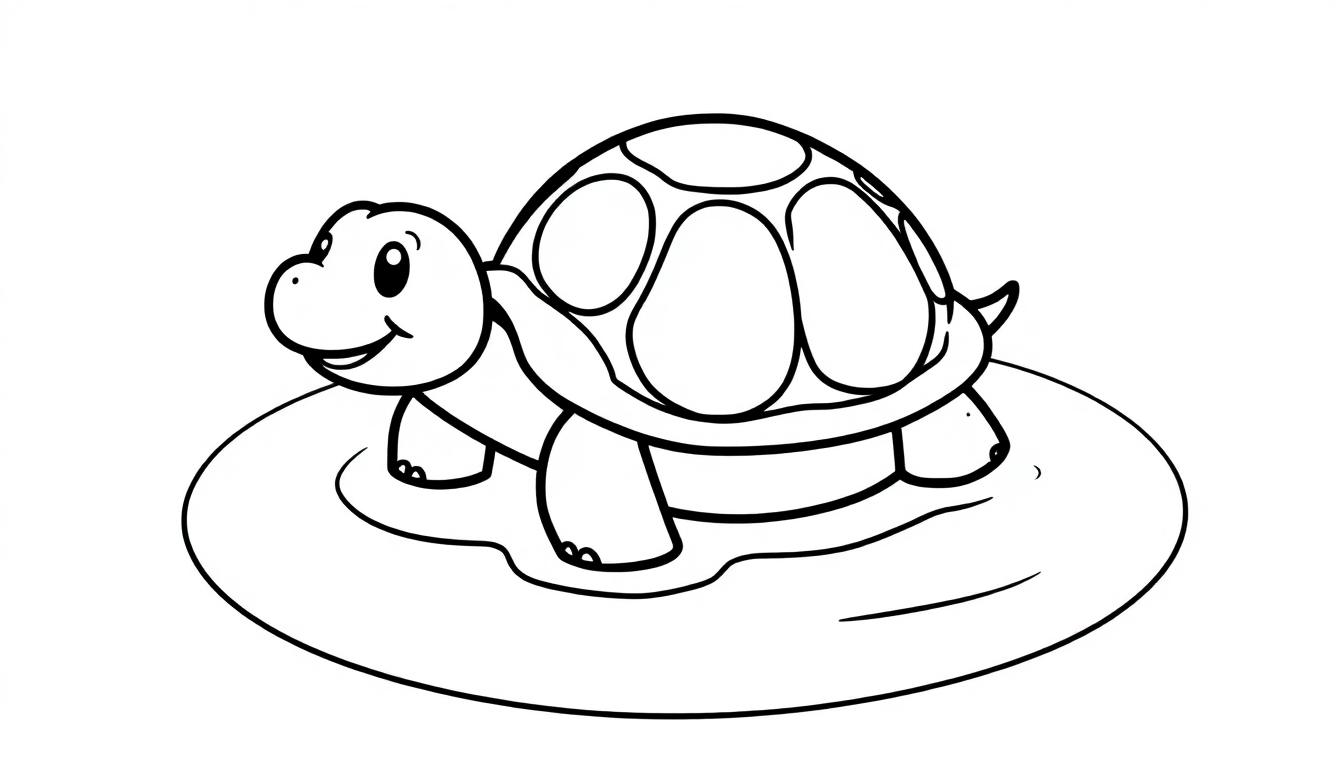 Eine fröhliche Cartoon-Schildkröte mit einem runden Panzer und einem lächelnden Gesicht sitzt auf einem Felsen.