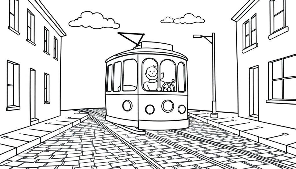 Schwarz-Weiß-Cartoon einer fröhlichen Straßenbahn, die von einer lächelnden Figur gefahren wird, auf gepflasterten Gleisen in einer Stadt, perfekt als Farbtafel.