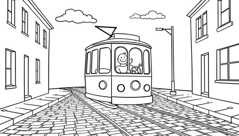 Schwarz-Weiß-Cartoon einer fröhlichen Straßenbahn, die von einer lächelnden Figur gefahren wird, auf gepflasterten Gleisen in einer Stadt, perfekt als Farbtafel.