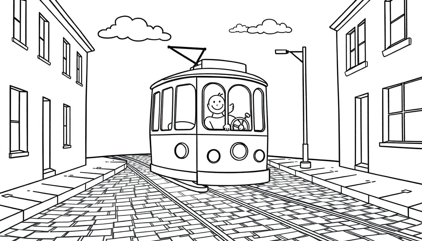 Schwarz-Weiß-Cartoon einer fröhlichen Straßenbahn, die von einer lächelnden Figur gefahren wird, auf gepflasterten Gleisen in einer Stadt, perfekt als Farbtafel.