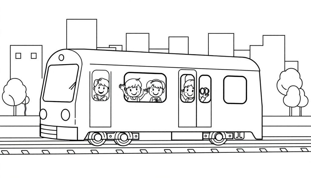 Eine Farbtafel zeigt eine schwarz-weiße Zeichnung eines fröhlichen U-Bahn-Zuges mit lächelnden Gesichtern, der durch eine bunte Stadt fährt, wobei Kinder aus den Fenstern winken.