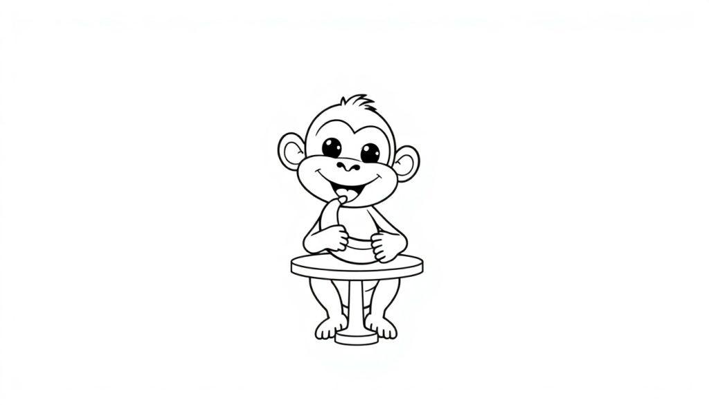 Ein Cartoon-Affe mit großen Augen und Ohren sitzt an einem Tisch und isst eine Banane.
