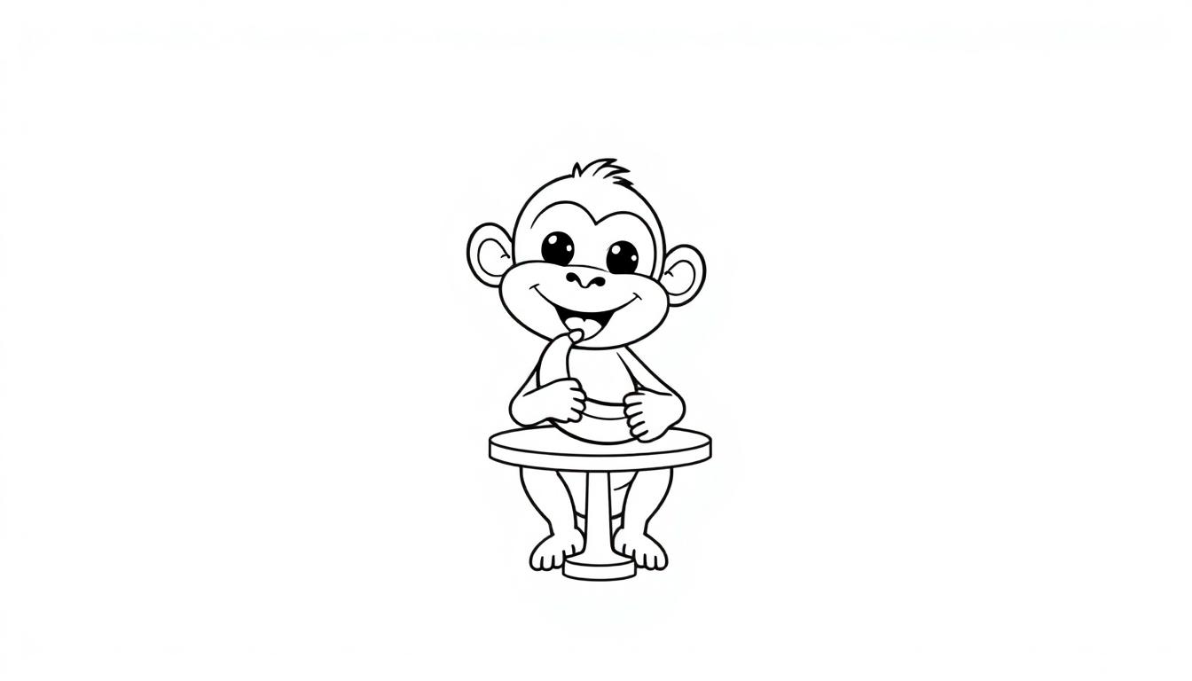 Ein Cartoon-Affe mit großen Augen und Ohren sitzt an einem Tisch und isst eine Banane.
