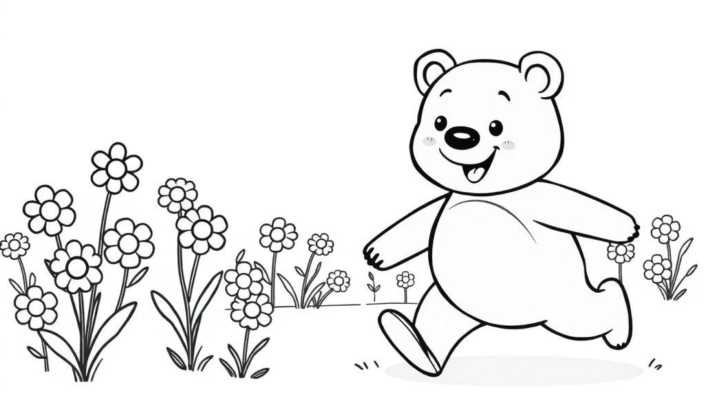 Ein fröhlicher, lächelnder Cartoon-Bär mit ausgestreckten Armen läuft vor einer Gruppe einfacher Blumen und Grashalmen.