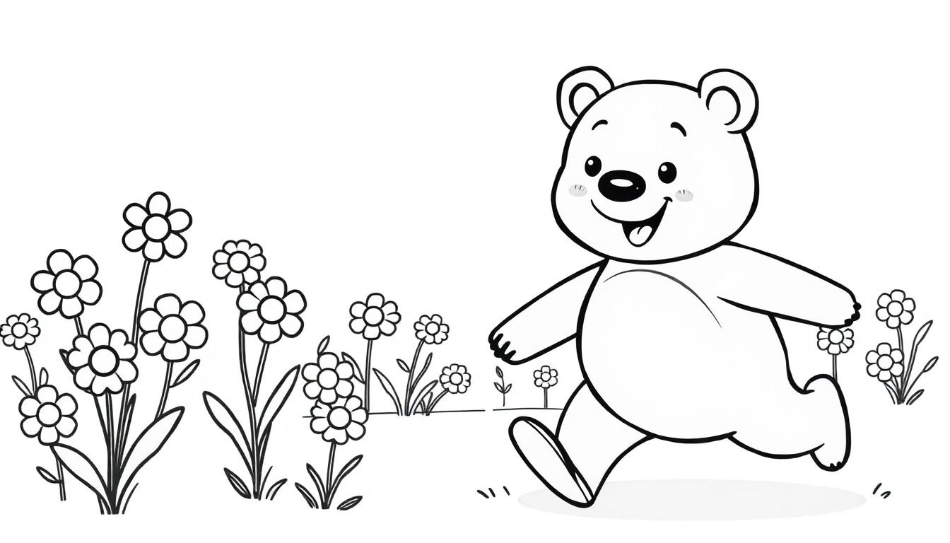 Ein fröhlicher, lächelnder Cartoon-Bär mit ausgestreckten Armen läuft vor einer Gruppe einfacher Blumen und Grashalmen.