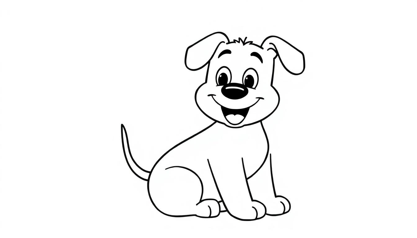 Schwarz-weißer Cartoon-Hund, der fröhlich sitzt und lächelt.