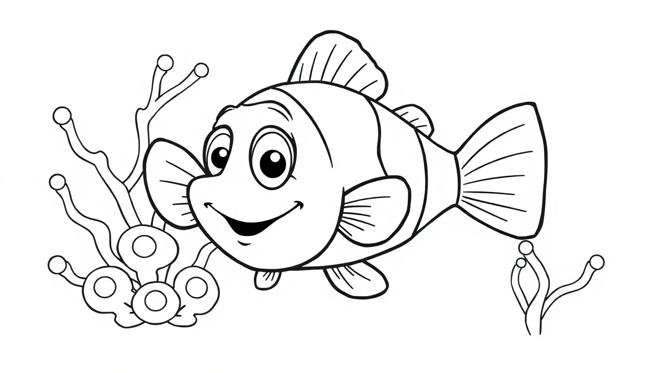 Farbtafel eines freundlichen Cartoon-Clownfisches mit breitem Grinsen und großen Augen, der neben einigen stiliserten Seepflanzen schwimmt.