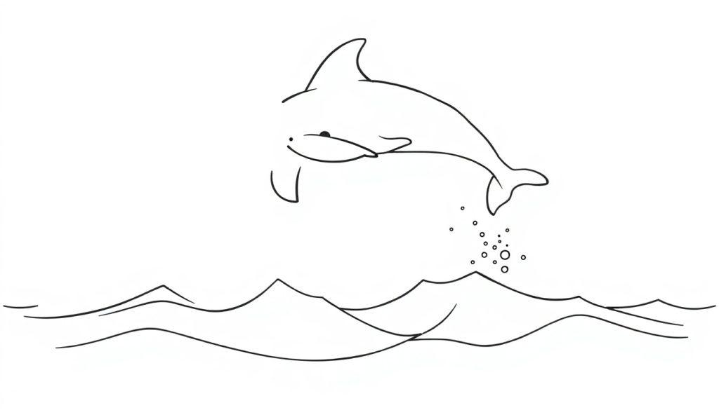 Schwarz-Weiß-Farbtafel eines fröhlichen Delfins, der aus dem Wasser springt, mit Blasen und Wellen.