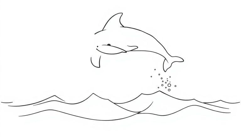 Schwarz-Weiß-Farbtafel eines fröhlichen Delfins, der aus dem Wasser springt, mit Blasen und Wellen.