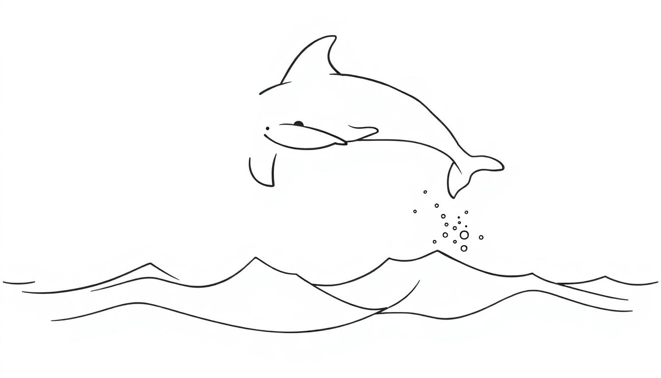 Schwarz-Weiß-Farbtafel eines fröhlichen Delfins, der aus dem Wasser springt, mit Blasen und Wellen.