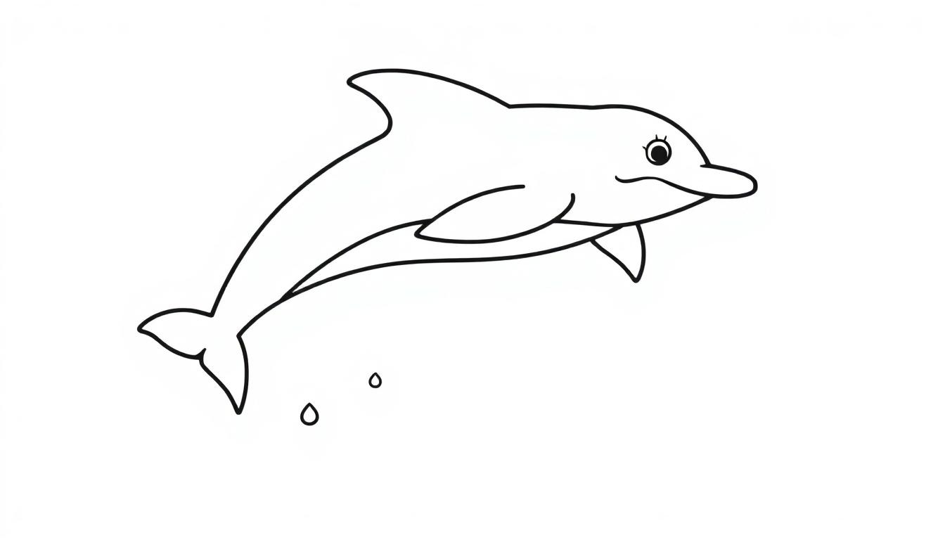 Schwarz-Weiß-Farbtafel eines lächelnden Delfins, der aus dem Wasser springt.
