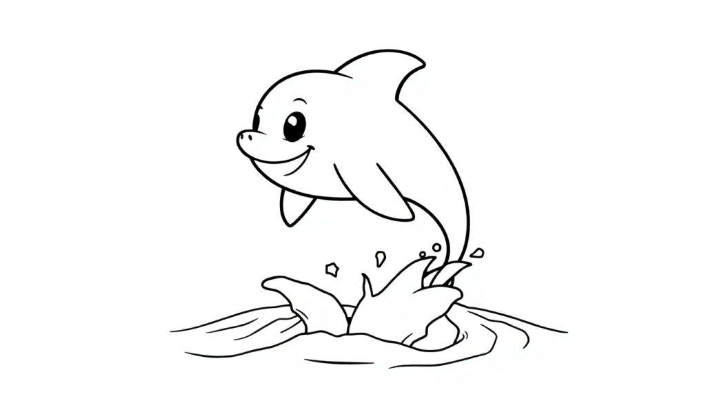 Ausmalbild eines lächelnden Cartoon-Delfins, der aus dem Wasser springt.