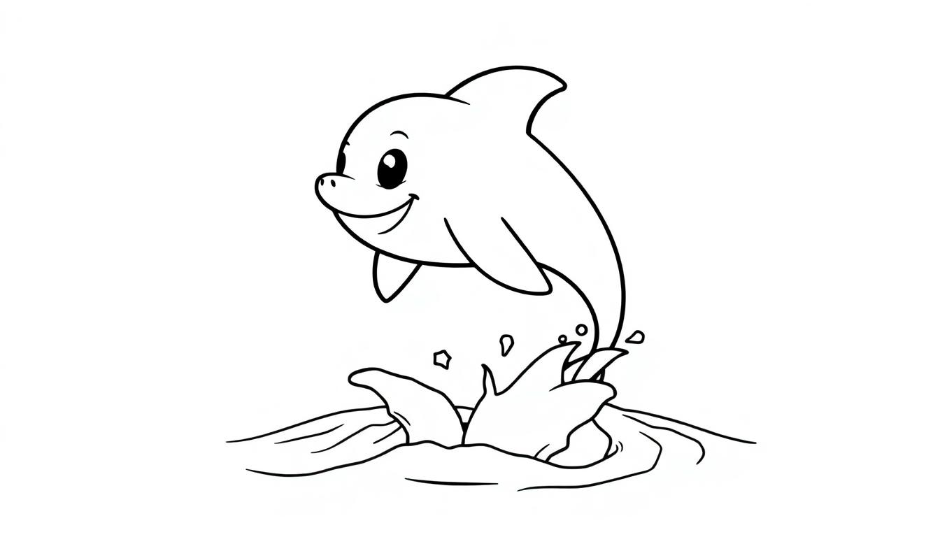Ausmalbild eines lächelnden Cartoon-Delfins, der aus dem Wasser springt.