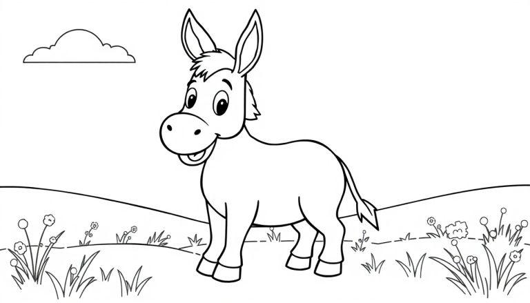 Eine Cartoon-Zeichnung eines freundlichen Esels auf einer Wiese.