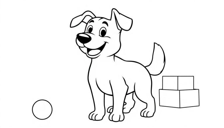 Schwarz-weiß Farbtafel einer Cartoon-Hund-Zeichnung mit großen Augen, herausgestreckter Zunge und wedelndem Schwanz, bereit zum Spielen.