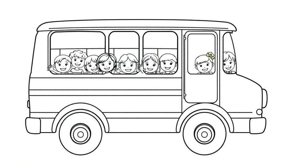 Schwarz-weiße Farbtafel eines lächelnden Schulbusses mit Kindern, die aus den Fenstern schauen.