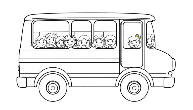 Schwarz-weiße Farbtafel eines lächelnden Schulbusses mit Kindern, die aus den Fenstern schauen.