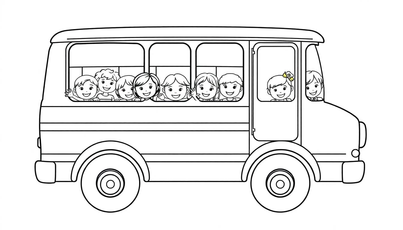 Schwarz-weiße Farbtafel eines lächelnden Schulbusses mit Kindern, die aus den Fenstern schauen.