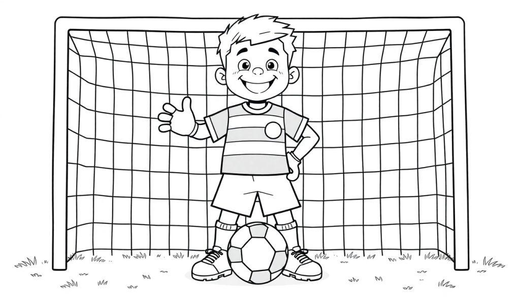 Schwarz-Weiß-Farbtafel eines lächelnden Jungen mit erhobenem Daumen vor einem Fußballtor, einen Fußball zwischen den Füßen haltend.