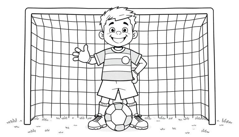 Schwarz-Weiß-Farbtafel eines lächelnden Jungen mit erhobenem Daumen vor einem Fußballtor, einen Fußball zwischen den Füßen haltend.