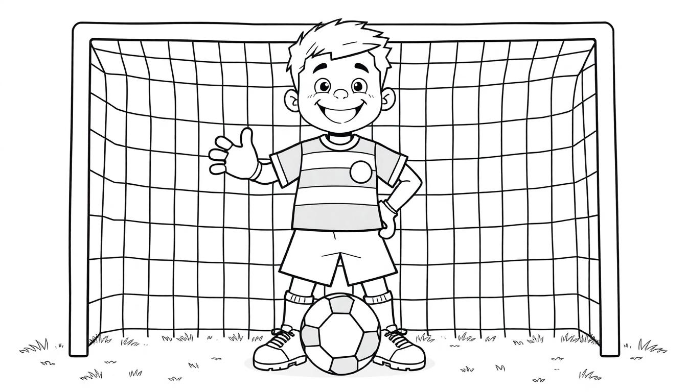 Schwarz-Weiß-Farbtafel eines lächelnden Jungen mit erhobenem Daumen vor einem Fußballtor, einen Fußball zwischen den Füßen haltend.