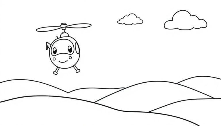 Ein niedlicher Cartoon-Hubschrauber mit freundlichem Gesicht fliegt über hügeliges Gelände, eine Schwarz-Weiß-Farbtafel für Kinder.