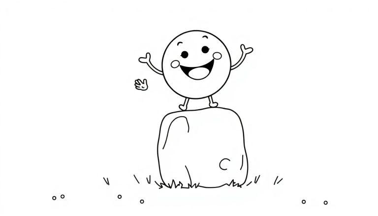 Ein lächelnder Kreis-Charakter mit ausgestreckten Armen steht auf einem Block auf einer Wiese, Teil einer Schwarz-Weiß-Farbtafel-Illustration zum Ausmalen.